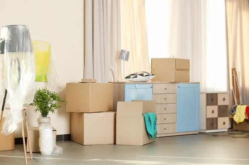 Packing materials and organised moving boxes in a local home