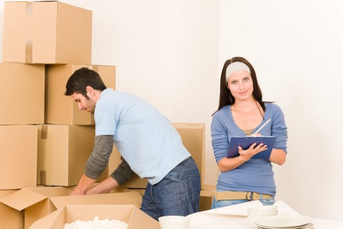Packed business boxes and labelled items ready for transport