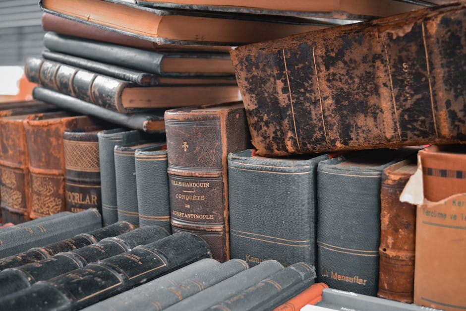 Inside a small, cluttered space with wooden bookshelves on both sides, densely packed with books, magazines, and papers. Some books are stacked horizontally or leaning, creating a disorganized appearance. The floor is covered with a mixture of loose books, open publications, and packaging materials, including cardboard and paper packaging. A doorway leading outside or into another room is partially visible at the far end, with some boxes and items placed nearby, indicating recent movement or packing activity. The environment appears to be part of a home undergoing a relocation process or clearing, with items ready for collection or disposal. The scene is lit by ambient light, highlighting the chaotic arrangement of packing and clutter, consistent with the process of home removals or furniture transport, as handled by [COMPANY_NAME].