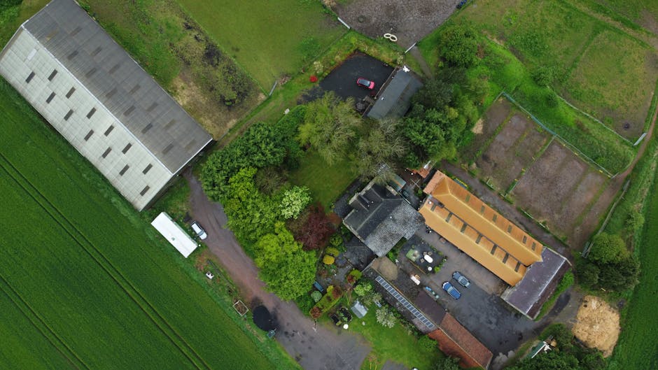 An aerial view of a rural property showing a variety of building structures and outdoor areas. In the centre, a two-storey house with a dark roof is surrounded by a garden with trees, shrubs, and patio furniture. Adjacent to the house, there are several other outbuildings, including a large elongated barn with a light-colored roof and multiple skylights, as well as smaller sheds. A paved driveway runs past the buildings, with several cars parked along it. To the left, a narrow pathway leads to additional structures, while fields of green crops extend to the bottom of the image. The property is part of a rural landscape with open grassy areas and adjacent garden plots, and appears to be in the process of a home relocation involving packing and furniture transport, supported by Man with Van The Hale as shown in the context of house removals and moving logistics.
